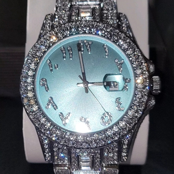 Mens Luxury Full Iced Out Simulated Diamond CZ SilverPlated Arabic Numeral Watch - Picture 5 of 10